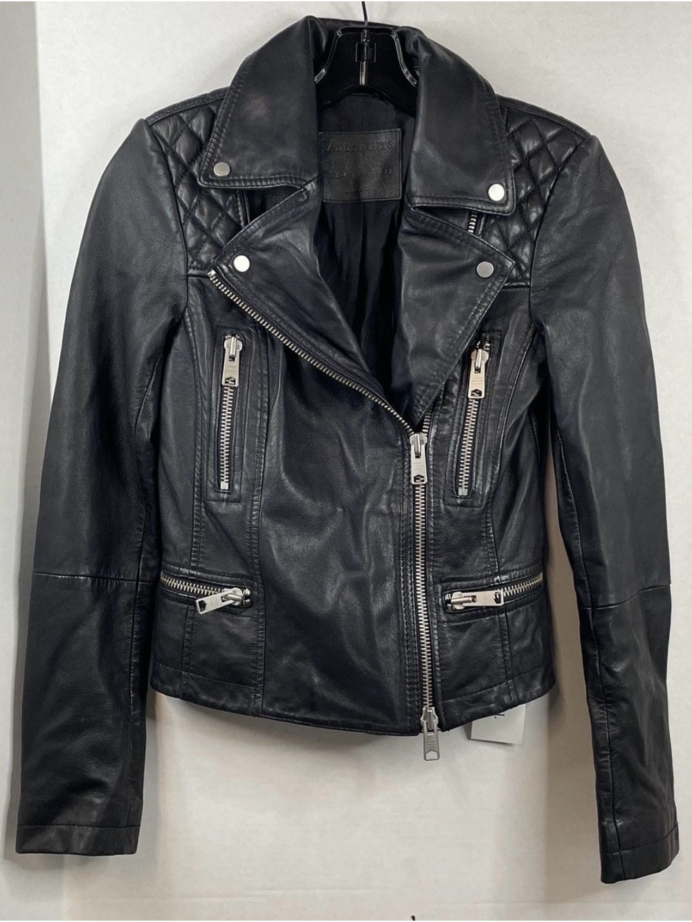 AllSaints “Kerr” Quilted Shoulder Buckle Cuff Lambskin Moto Jacket. UK 4/US 0/XS